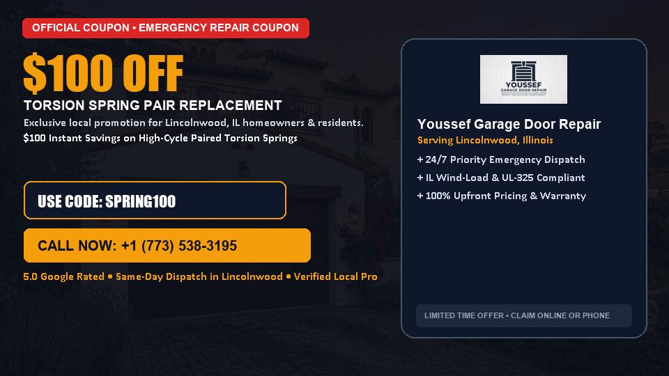 $100 OFF Dual High-Cycle Torsion Spring Replacement in Lincolnwood, IL - Youssef Garage Door Repair